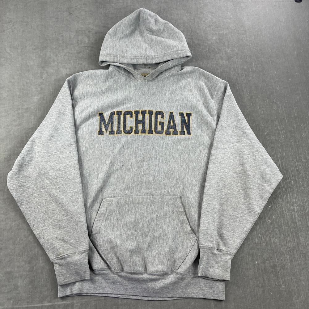 Michigan Steve & Barry's Men L Grey Hoodie Embroidered Heavyweight Sweatshirt